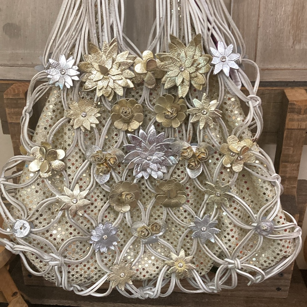 BEVERLY  FELDMAN LEATHER FLORAL  STUDDED RHINESTONE BAG - Picture 2 of 12